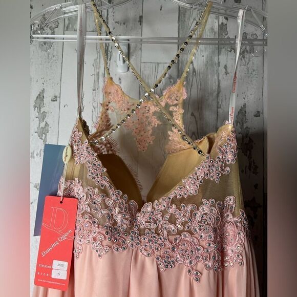 Dancing Queen Long Gown Dress Beautiful Pink Gems Lace Chiffon Prom Bridesmaid S - Picture 4 of 13